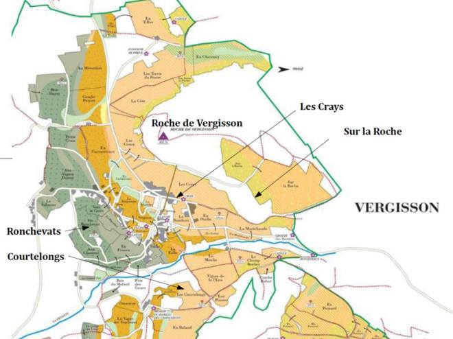 Outside the green line that demarcates the Pouilly-Fuisse appellation, are vineyards that must be labeled as Macon or Macon-Vergisson depending on their location.