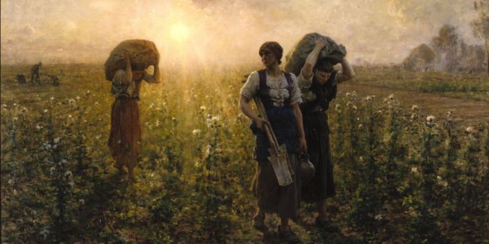 French peasants depicted in "Fin du Travail" by Jules Breton (1887)